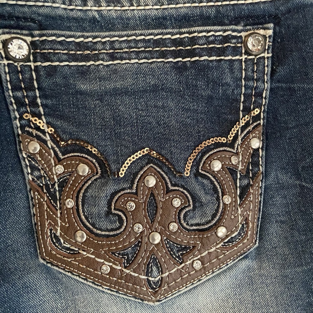 Miss Me Jeans Chloe Boot Rhinestone Leather Sequin Stitch Pocket Size 27 - Picture 8 of 10
